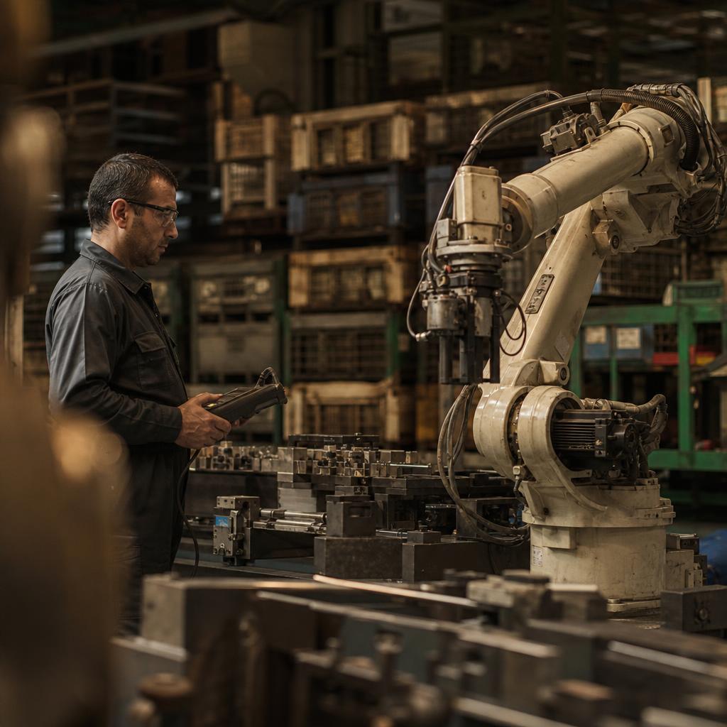 A robot arm and operator working in a real, cluttered factory floor.