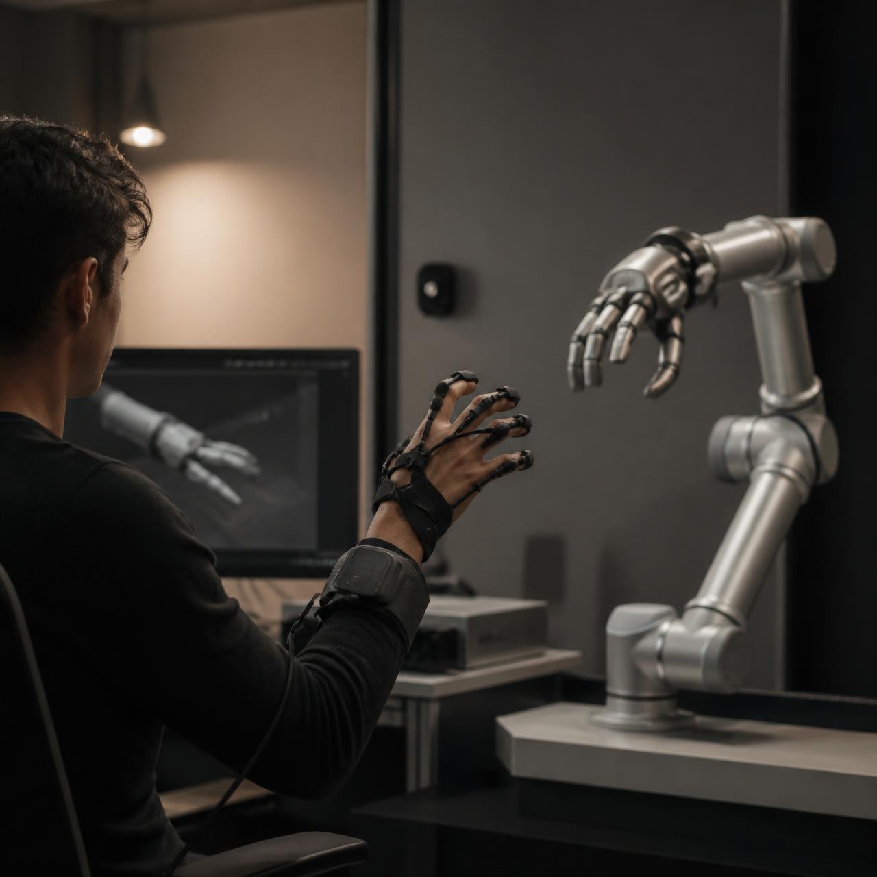 A human operator wearing a sensor glove teleoperating a robotic arm in a quiet lab.