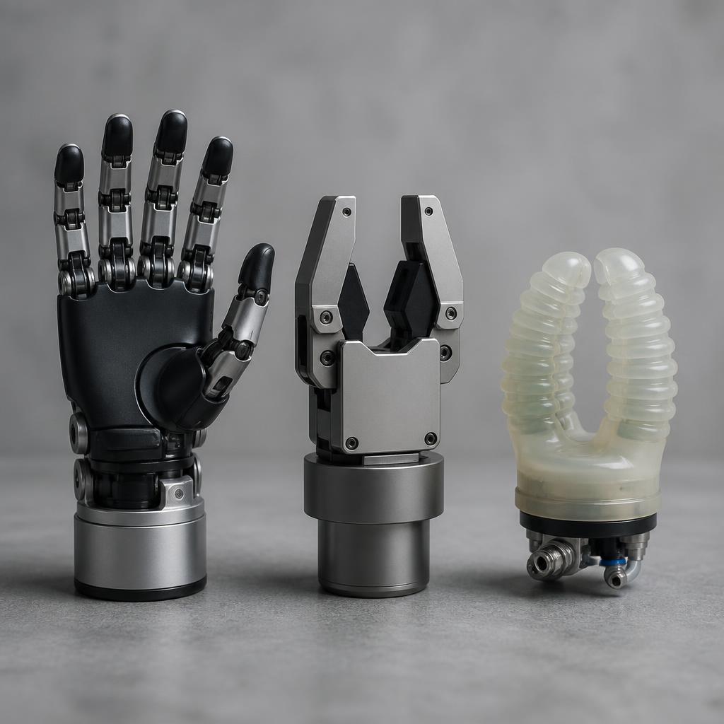 Three visibly different robotic end-effectors side by side: an anthropomorphic humanoid hand, a parallel-jaw industrial gripper, and a soft pneumatic gripper.