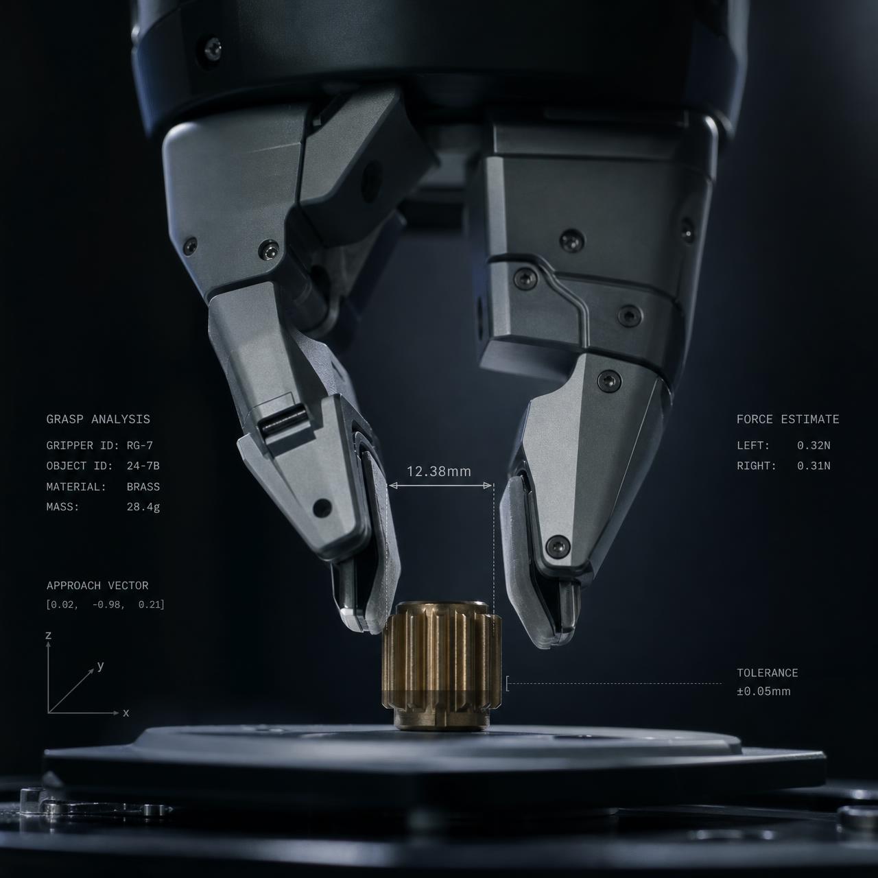 Analytical close-up of a robotic gripper approaching a small object, with measurement overlays indicating evaluation in progress.