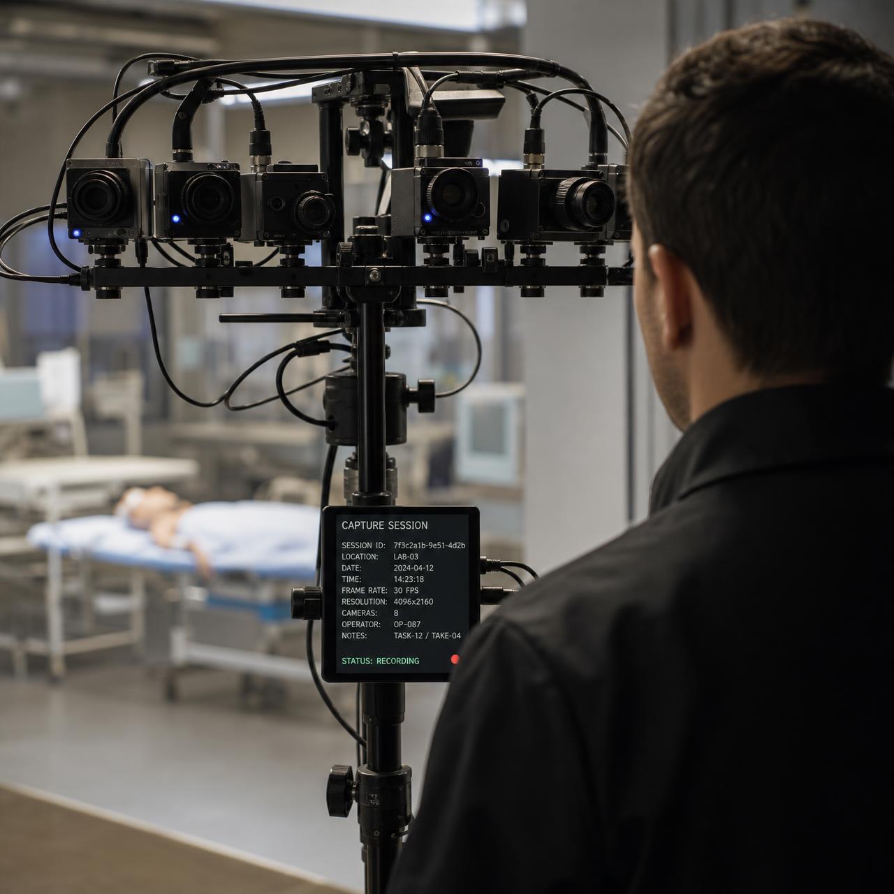 A multi-camera capture rig in a real clinical environment, showing a recording session with session metadata and chain-of-custody details.