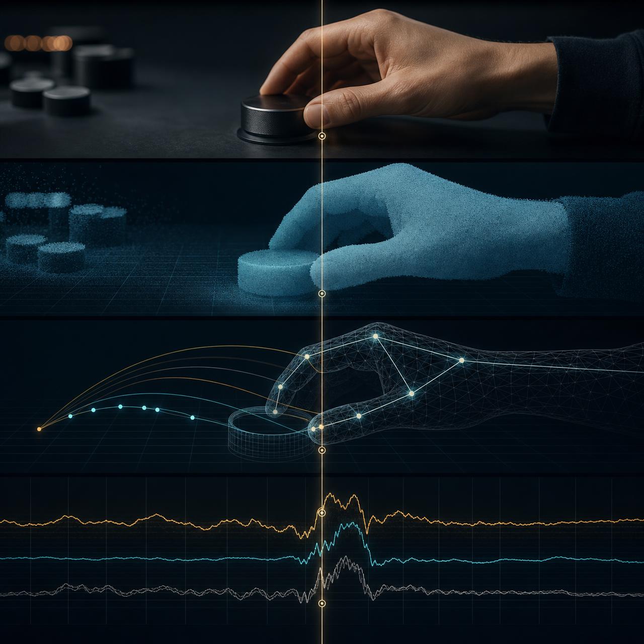 Multiple synchronised data streams and sensor views of a single hand action.