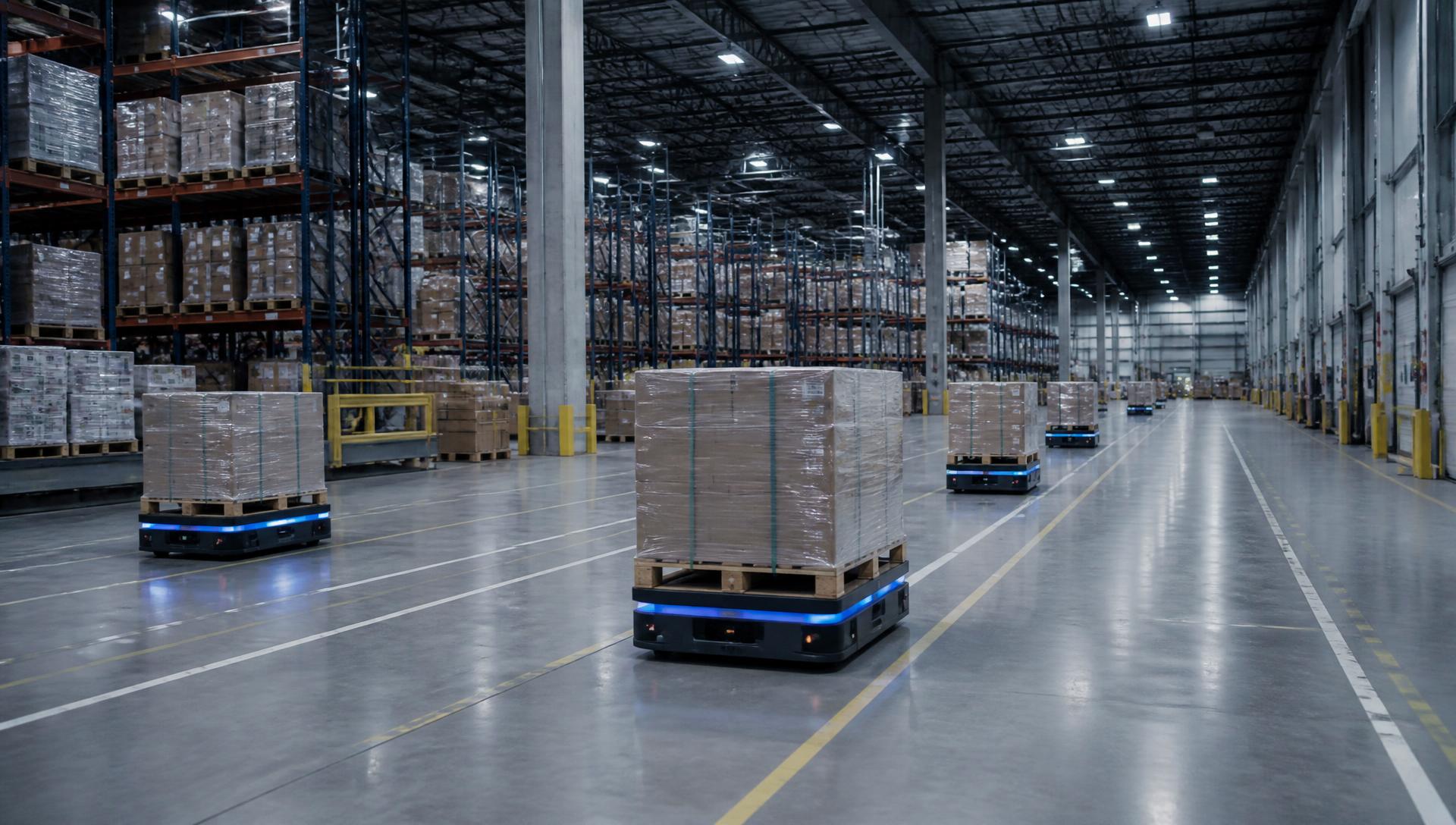 People and automated pallet carriers working across a warehouse floor